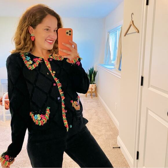 Vintage BEREK 2 Black Beaded Rainbow Floral Cardigan Sweater Small - Picture 1 of 13